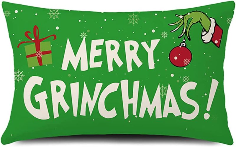 Photo 1 of (Only Cover) Merry Grinchmas Pillow Cover Christmas Cushion Cover Linen 20 x 12