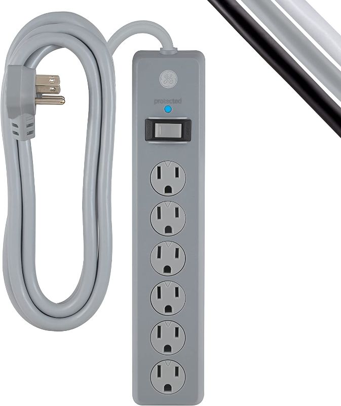 Photo 1 of GE 6-Outlet Surge Protector, 3 Ft Extension Cord, Power Strip, 800 Joules, Flat Plug, Twist-to-Close Safety Covers, UL Listed, Gray, 61348