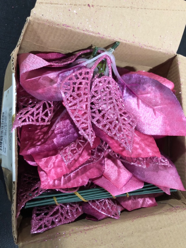 Photo 2 of 10 Pack Christmas Poinsettia Flowers Glitter Poinsettia Bushes Christmas Tree Flowers Christmas Poinsettia Ornament, Artificial Poinsettia Flowers Christmas Decorations- Pink
