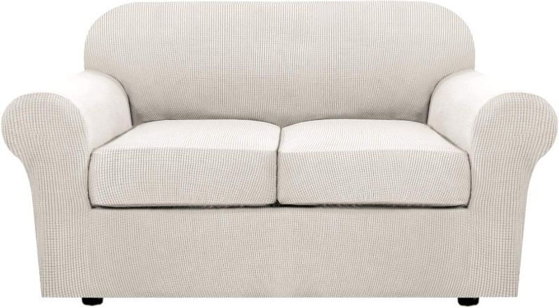Photo 1 of 3 Piece Stretch Sofa Covers for 2 Cushion Loveseat Couch Covers for Living Room Sofa Slipcovers Furniture Cover (Base Cover Plus 2 Seat Cushion Covers) Thicker Jacquard Fabric(Medium Sofa, Ivory)
