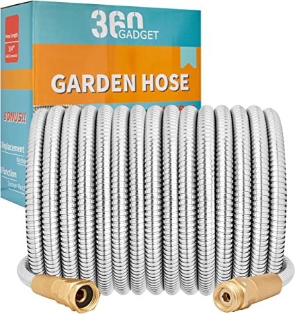 Photo 1 of 360Gadget Metal Garden Hose - 50ft Heavy Duty Stainless Steel Water Hose with 8 Function Sprayer & Metal Fittings, Flexible, Lightweight, No Kink, Puncture Proof Hose for Yard, Outdoors, Rv
