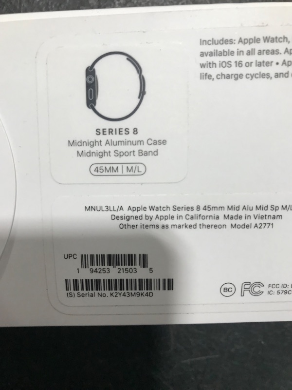 Photo 1 of Apple Watch Series 8 [GPS 45mm] Smart Watch w/  Aluminum Case with Sport Band - M/L. Fitness Tracker, Blood Oxygen & ECG Apps, Always-On Retina Display, Water Resistant 45mm M/L - fits 160–210mm wrists 45mm, Midnight Blue 