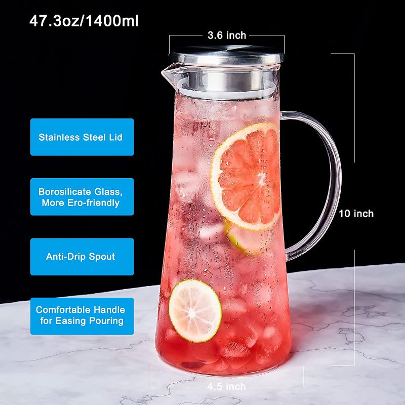 Photo 1 of \CREATIVELAND 1.4 Liter 47 Ounces High Borosilicate Glass Carafe/Pitcher Set of 2 with Stainless Steel Flip-top Lid,Hot/Cold Water Jug,Juice/Iced Tea,Wine,Coffee,Milk Beverage
