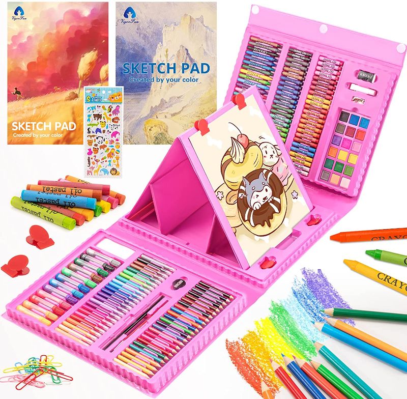 Photo 1 of Art Supplies, 240-Piece Drawing Art kit, Gifts Art Set Case with Double Sided Trifold Easel, Includes Oil Pastels, Crayons, Colored Pencils, Watercolor Cakes, Sketch Pad (Pink)
