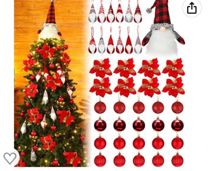 Photo 1 of 41 Pcs Christmas Tree Decoration Set Christmas Ball Ornaments Poinsettia Artificial Christmas Flowers 27.5 Inch Gnome Large Christmas Tree Topper Gnomes Ornaments 12 Style