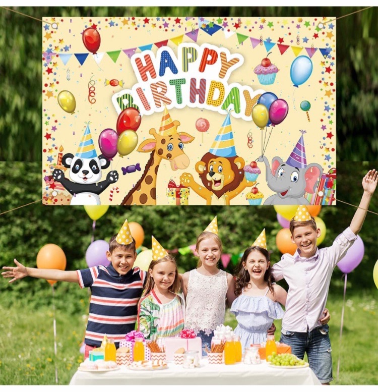Photo 1 of 71"x45" CUTE ANIMAL COLORFUL HAPPY BIRTHDAY BANNER