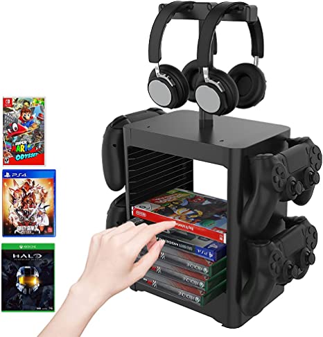 Photo 1 of Game Organizer Storage Tower Game Controller Holder Video Game Organizer Multifunctional Game Disk Rack Controller Organizer Headset Holder for PS5 PS4 Xbox Gamer Gifts

