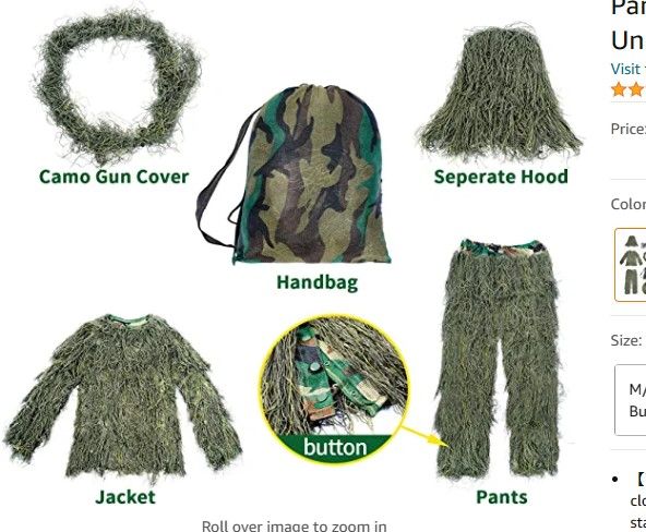 Photo 1 of Avarmora Ghillie Suit 3D Camouflage Hunting Apparel Including Jacket, Pants, Hood, Carry Bag Suitable for Unisex Adults, Kids, Youth, Teen
