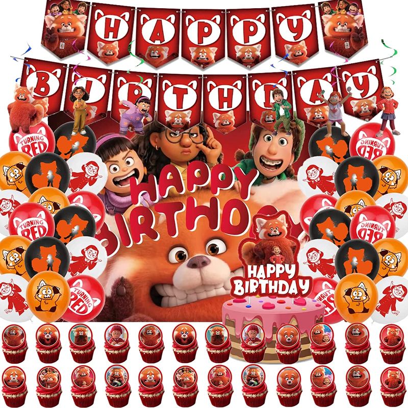 Photo 1 of 57PCS Party Supplies, Turning Red Birthday Party Decorations Includes Banner, Balloons, Hanging Swirl, Cake Topper, Cupcake Topper for Boys and Girls Birthday Party Favors (with Backdrop)
