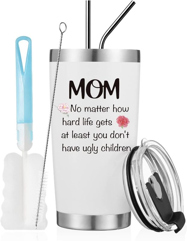 Photo 1 of 20oz Tumblers Gifts for Mom Women Christmas Gift, No Matter How Hard Life,Ugly Children from Daughter,Son, Birthday Gift for Wife,Mother,Funny Gift Insulated White Travel Tumblers with Lid and Straw
