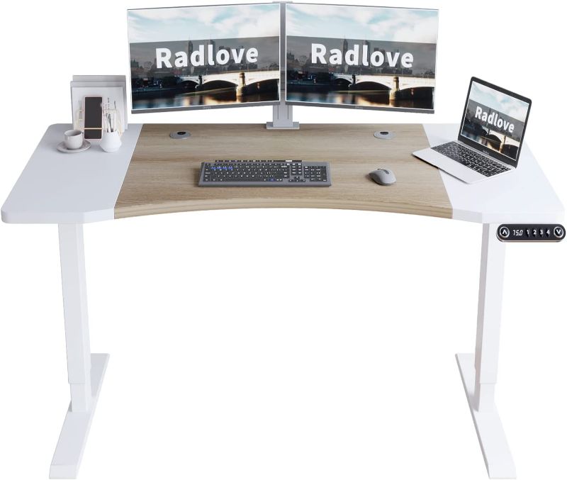 Photo 1 of  Radlove Dual Motor Height Adjustable Standing Desk, 63 x 30 Height Adjustable Computer Desk Sit Stand Desk Home Office Desks with Splice Board 265 lb Load Capacity White Frame + White Top
