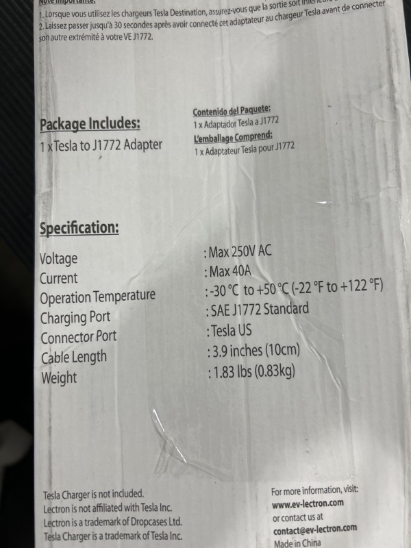 Photo 4 of [Only for J1772 EVs] Lectron - Tesla to J1772 Adapter, Max 40 Amp & 250V - Compatible with Tesla High Powered Connector, Destination Charger, and Mobile Connector Only (White)
