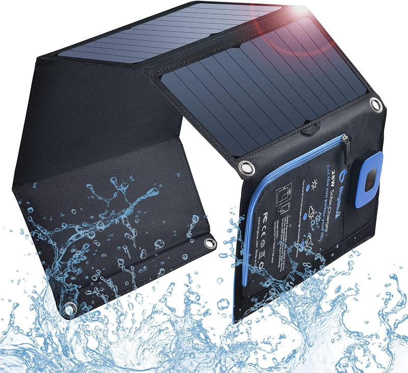 Photo 1 of BigBlue 5V 28W Solar Charger with Digital Ammeter Waterproof Foldable Dual USB Ports Solar Battery Charger for iPhone 8/X/7/6S, Ipad Pro/Air 2/Mini, Galaxy S8/S7/S6/Edge/Plus, LG, Nexus, HTC