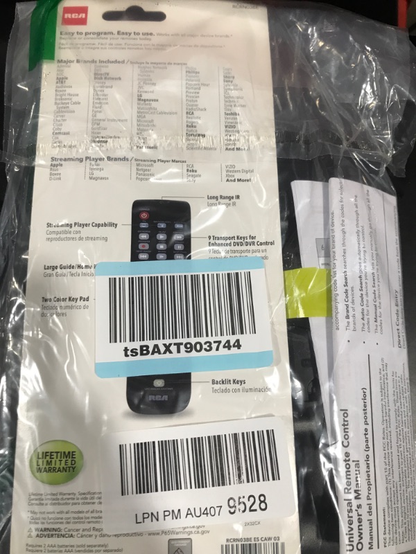 Photo 1 of Rca Rcrh03be 3-device Backlit Universal Remote

