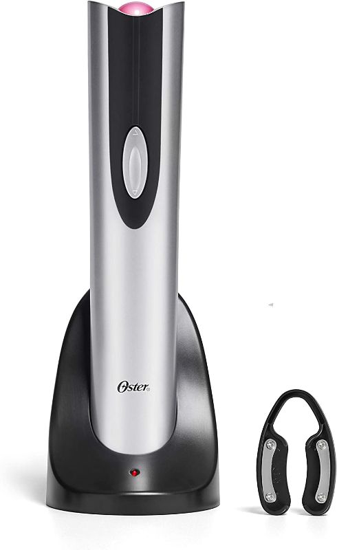 Photo 1 of Oster electric wine opener kitO ster Electric Wine Opener and Foil Cutter Kit with CorkScrew and Charging Base, Silver

