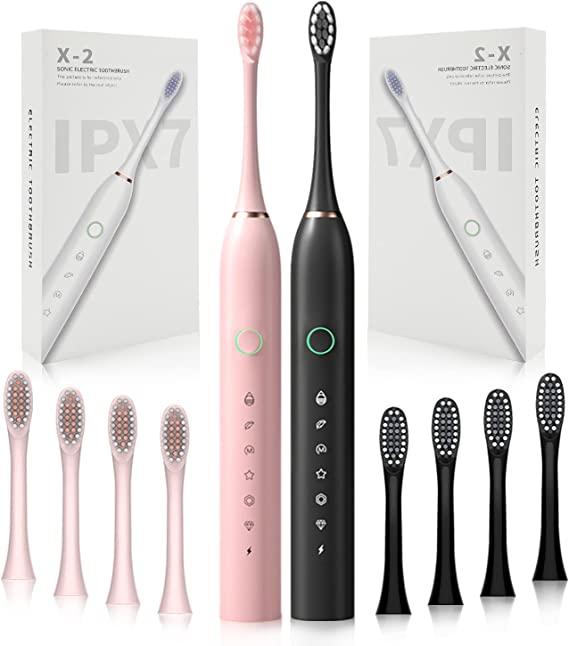 Photo 1 of 2 Pack Rechargeable Electric Toothbrushes for Adults and Kids, Sonic Whitening Tooth Brush with 8 Brush Heads, 6 Cleaning Modes and Smart Timer, Waterproof Cleaning Toothbrushes Set, Pink & Black
