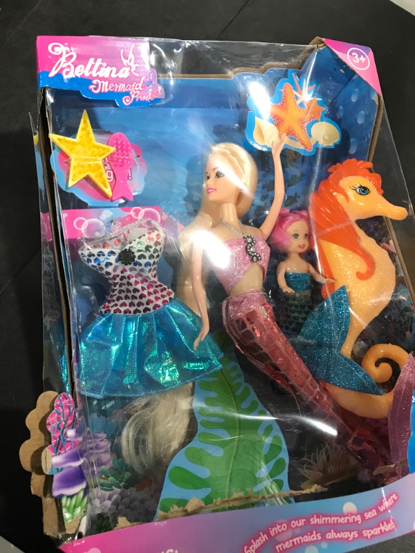 Photo 2 of BETTINA Mermaid Princess Doll with Little Mermaid & Seahorse Play Gift Set | Mermaid Toys with Accessories and Doll Clothes for Little Girls (Pink) Style A