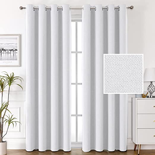 Photo 1 of 100% Blackout Linen Curtains 96 inches Long Thermal Curtains for Living Room Textured Burlap Curtains with Double Face Linen Grommet Soundproof Bedroom Curtains 52 x 96 Inch, 2 Panels - White
