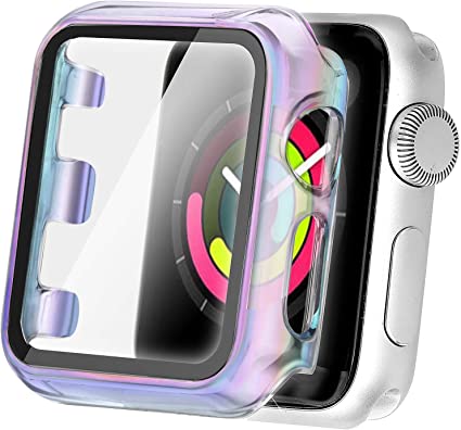 Photo 1 of 44mm Case Compatible Apple Watch Band with Built in Tempered Glass Screen Protector- All Around Protective Case for iWatch SE Series 6/5/4, PURPLE Colorful(44mm)
