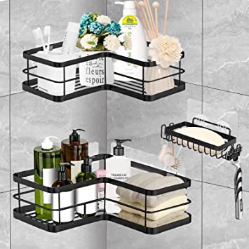 Photo 1 of Adhesive Corner Shower Caddy Shelf Basket Rack and Bar Soap Holder with 4 Hooks, Rust Proof No Drilling Shower Organizer Corner Shower Basket for Bathroom Toilet Kitchen Storage, Black
