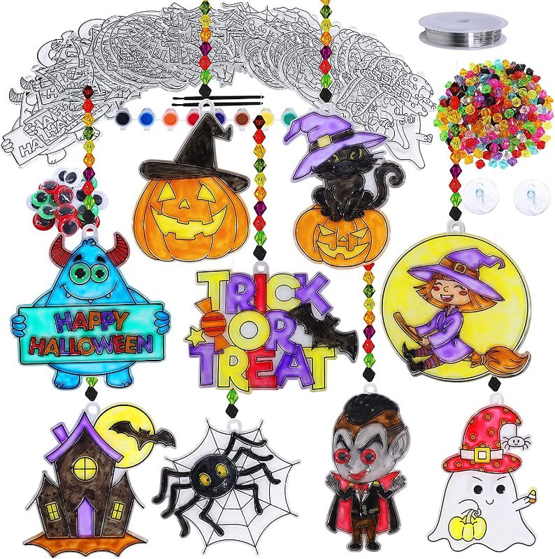 Photo 1 of 27 Sets Halloween Suncatcher Ornaments Decoration DIY Window Paint Art Craft Kit Jack-O'-Lantern Ghost Vampire Witch Spider Sun Catchers for Halloween Classroom Party Art Activity Trick or Treat Gift
