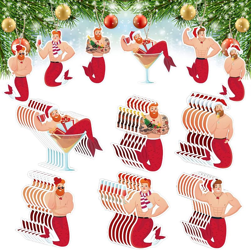 Photo 1 of 24 Pcs Santa Merman Christmas Tree Ornament Shaped Wood Merman Christmas Ornament Hanging Male Mermaid Ornament for Themed Parties Holidays Decorations, 6 Styles
