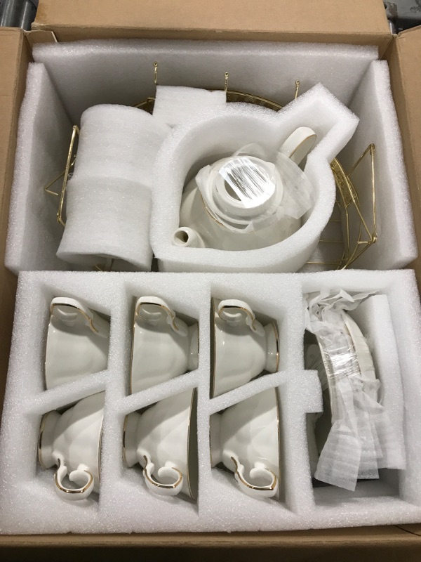 Photo 1 of 15 Pieces Simple White English Ceramic Tea Sets,Tea Pot,Bone Cups with Metal Holder Matching Spoons,Afternoon Tea Set Service Coffee Set