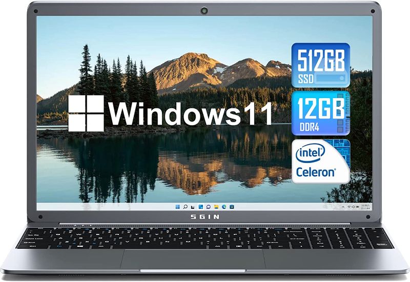 Photo 1 of SGIN Laptop 15.6 Inch 12GB DDR4 512GB SSD, Windows 11 Laptops with Intel Celeron N5095, FHD 1920x1080, Dual Band WiFi, 2xUSB 3.0, Up to 2.9Ghz, Bluetooth 4.2, Supports 512GB TF Card Expansion, Gray **FOR PARTS ONLY**
