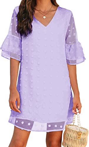 Photo 1 of BELONGSCI Women's Dress Sweet & Cute V-Neck Ruffle Bell Sleeve Swiss Dot Shift Dress Mini Dress SIZE XXL