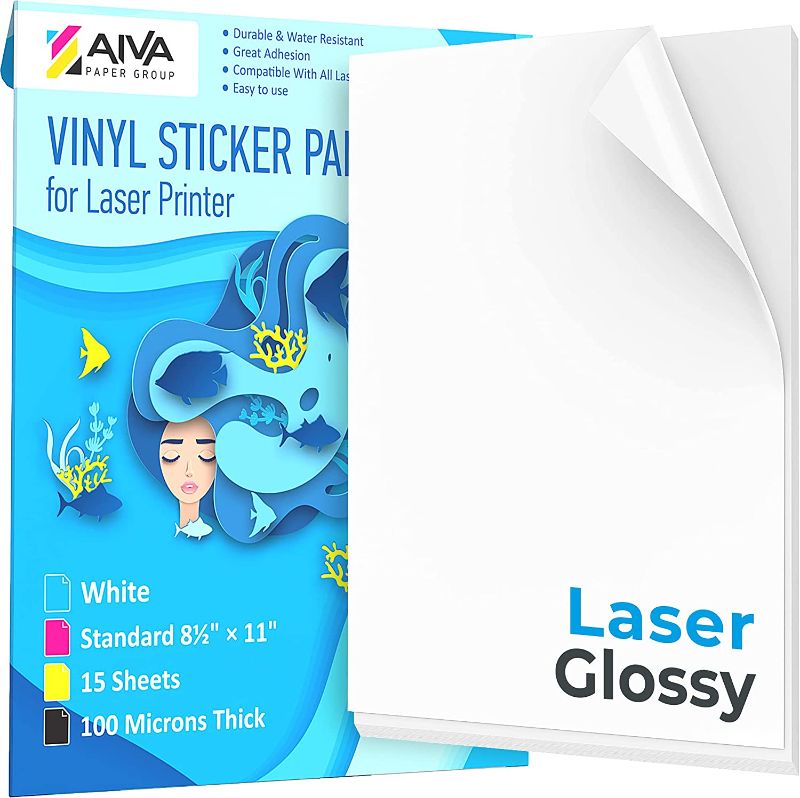 Photo 1 of Printable Vinyl Sticker Paper for Laser Printer - Glossy White - 15 Self-Adhesive Sheets - Waterproof Decal Paper - Standard Letter Size 8.5"x11"
