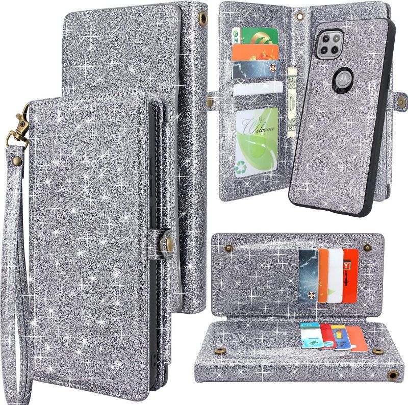 Photo 1 of Harryshell Detachable Magnetic 12 Card Slots Holder Wallet Case PU Leather Flip Protective Cover with Wrist Strap Kickstand for Motorola Moto One 5G Ace 2021 6.7? (Bling Grey)
