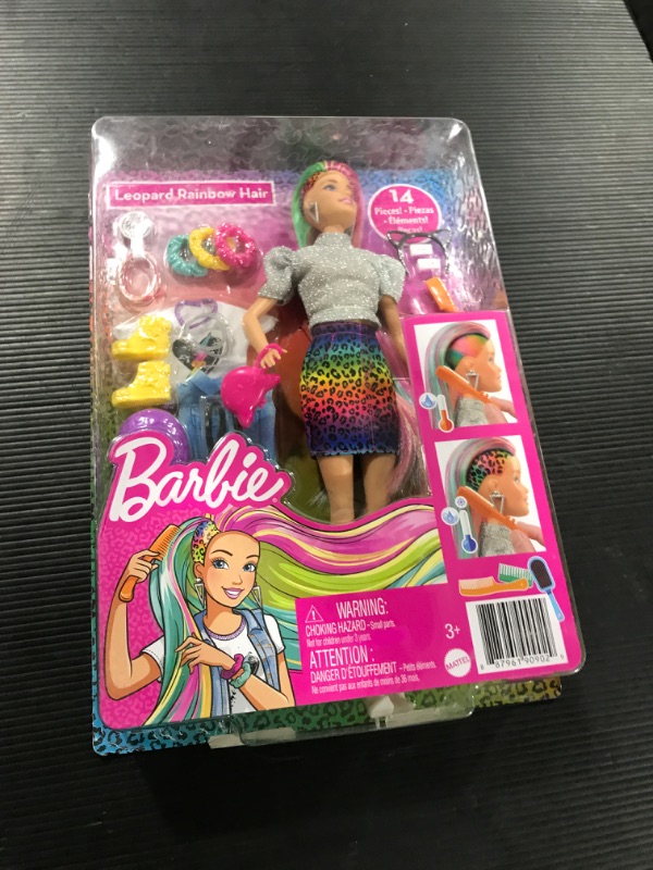 Photo 1 of Barbie Leopard Rainbow Hair Doll (Blonde) with Color-Change Hair Feature, 16 Hair & Fashion Play Accessories Including Scrunchies, Brush, Fashion Tops, Cat Ears, Cat Purse & More