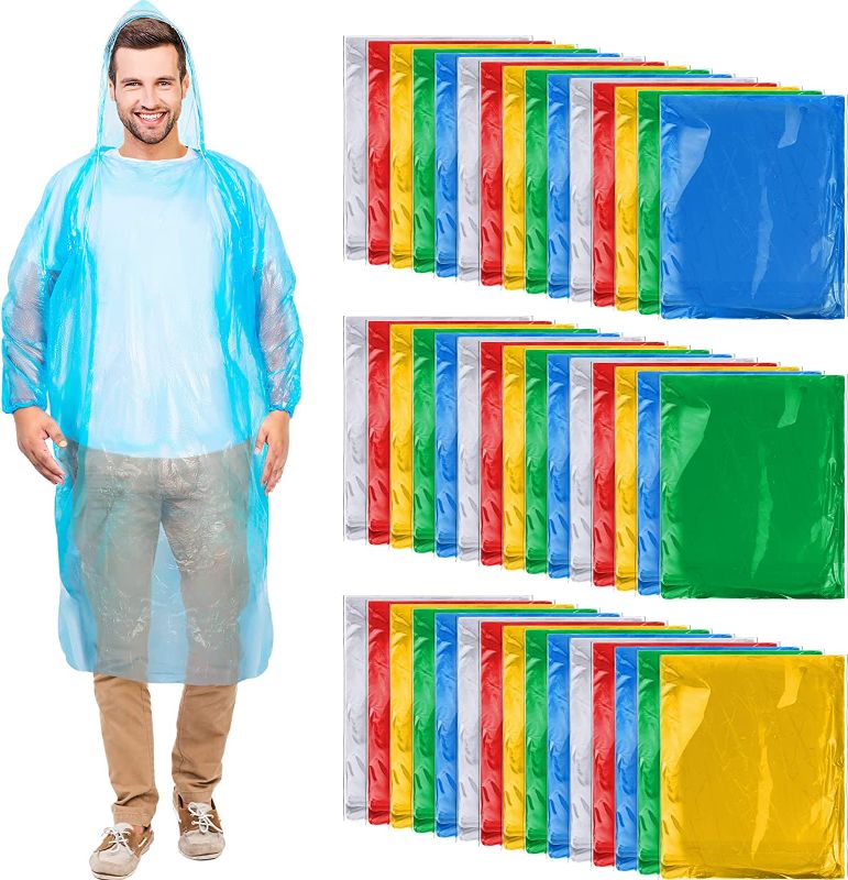 Photo 1 of 200 Pieces Adults Rain Ponchos Bulk 5 Colors Disposable Rain Ponchos with Hoods Emergency Disposable Raincoat Individually Wrapped Waterproof Plastic Ponchos for Man Women Traveling Camping Hiking
