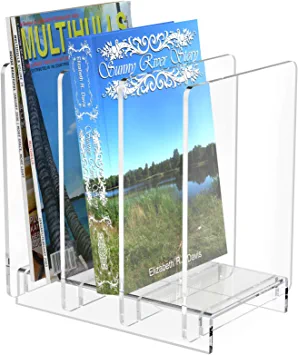 Photo 1 of MaxGear Clear Acrylic Magazine Holder and File Organizer, Desk Standing Rack on Table for Magazines, Binders, Mails, Books and Vinyl CD Records Storage Holder with Detachable Dividers for Home Office
