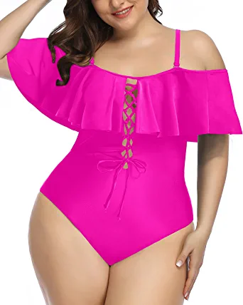 Photo 1 of Aqua Eve Women Plus Size One Piece Off Shoulder Swimsuits Lace Up Tummy Control Flounce Bathing Suits
Color Hot Pink
Size XXL