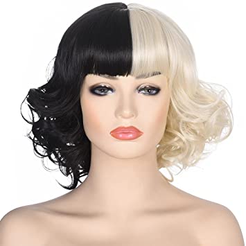 Photo 1 of Amzcos Black and Light Blonde Wig for Womens Cosplay Costume Short Wavy Bob Synthetic Wigs with Bangs for Halloween Party