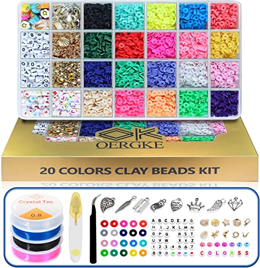 Photo 1 of 5500Pcs Clay Beads for Bracelets Making kit Flat Polymer heishi Jewelry Necklace DIY Art and Craft Kit with Letter Beads Number Smiley Spacer Pendant Gifts Create Bracelets (6mm, 20 Colors Beads)