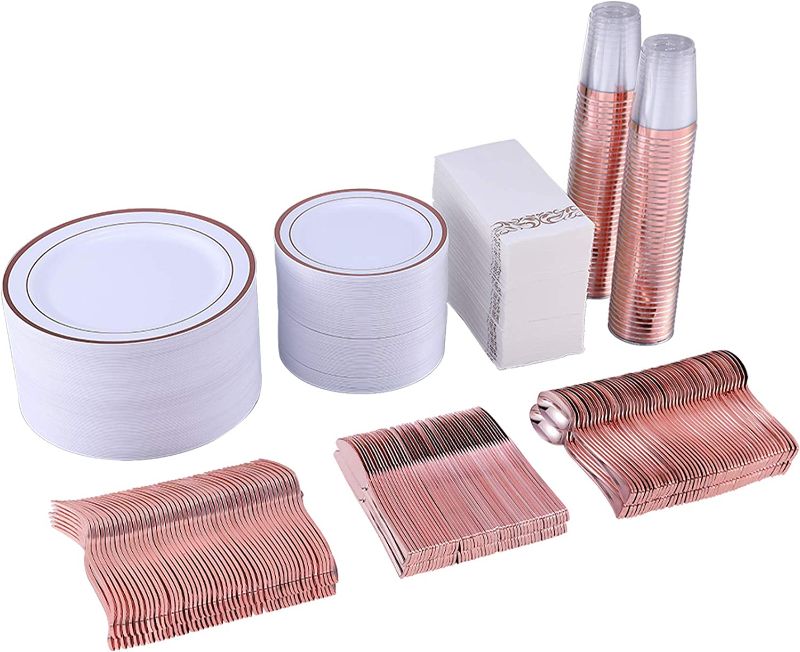 Photo 1 of 700 Piece Rose Gold Dinnerware Set-200 Gold Plastic Plates-300 Rose Gold Plastic Silverware-100 Rose Gold Plastic Cups-100 Disposable Hand Towel-Disposable Dinnerware for Halloween, Thanksgiving