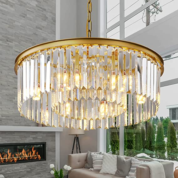 Photo 1 of 2-Tier Gold Modern Crystal Chandelier Ceiling Light Fixture, Dia 21.6" 6 Lights Round Crystal Flush Mount Pendant Lighting Height Adjustable for Dining Room Living Room Kitchen Foyer