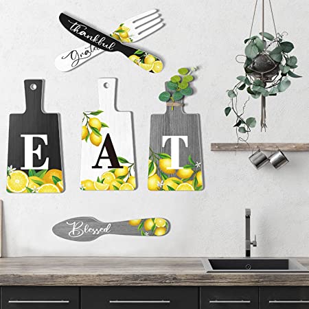 Photo 1 of 6 Pieces Summer Cutting Board Eat Sign Set Hanging Art Kitchen Eat Sign Lemon Knife Fork and Spoon Wall Decor Rustic Primitive Country Farmhouse Kitchen Decor (Black, White, Gray)
