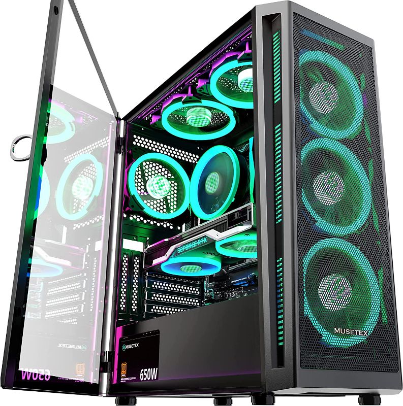 Photo 1 of MUSETEX Mid-Tower ATX PC Case Pre-Installed 6pcs 120mm ARGB Fans, Mesh Computer Gaming Case, Opening Tempered Glass Side Panels, USB 3.0 x 2, Black, TW8-S6-B