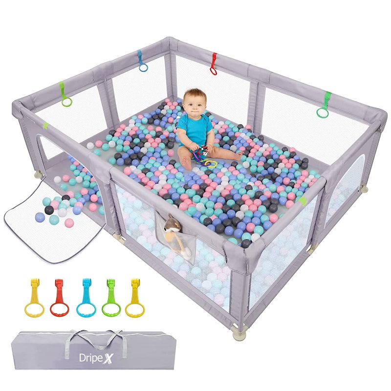 Photo 1 of Baby Playpen, Large Baby Playards with Zipper Gates, Playpen for Babies and Toddlers, Safe No Gaps,See-Through mesh, Anti-Fall Kids Activity Center, Baby Gate Playpen, Baby Fence (Grey 79*59 inch)
