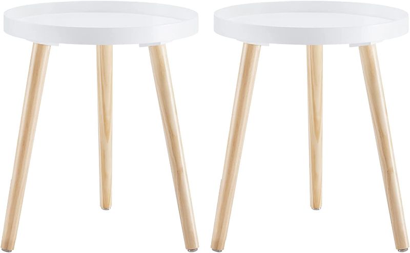Photo 1 of Apicizon Round Side Table Set of 2, White Tray Nightstand Coffee End Table for Living Room, Bedroom, Small Spaces, Easy Assembly Bedside Table, 15 x 18 Inches, Natural
