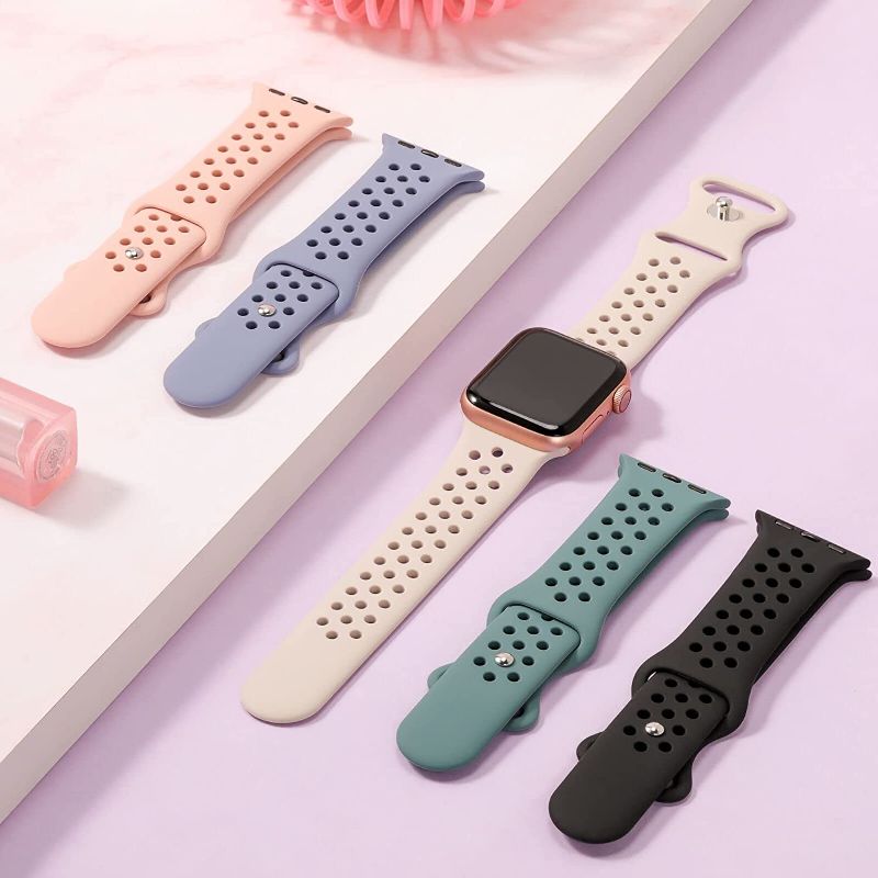 Photo 2 of 5 Pack Sport Bands Compatible with Apple Watch Band 38mm 40mm 41mm 42mm 44mm 45mm Women Men, Soft Silicone Breathable Straps Replacement Wristbands for iWatch SE Series 8 7 6 5 4 3 2 1 