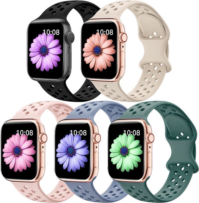 Photo 1 of 5 Pack Sport Bands Compatible with Apple Watch Band 38mm 40mm 41mm 42mm 44mm 45mm Women Men, Soft Silicone Breathable Straps Replacement Wristbands for iWatch SE Series 8 7 6 5 4 3 2 1 