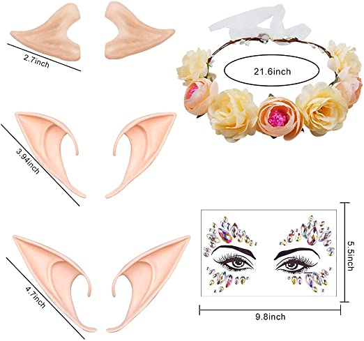 Photo 3 of 3 Pairs Elf Ears Cosplay Accessories with Flower Crown Headband For Party Dress Up Costume Halloween Christmas Gifts Decorations 