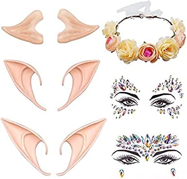 Photo 2 of 3 Pairs Elf Ears Cosplay Accessories with Flower Crown Headband For Party Dress Up Costume Halloween Christmas Gifts Decorations 