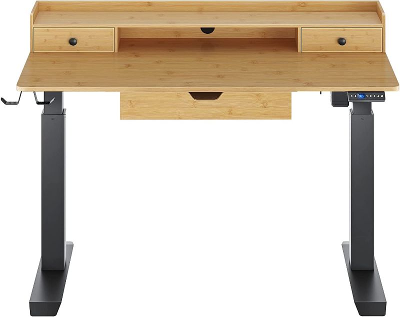 Photo 1 of Rolanstar Height Adjustable Desk, 47" Standing Desk with Drawers and Monitor Shelf, Electric Standing Table with Double Headphone Hooks?Bamboo Color? - 23"D x 47"W x 47"H

