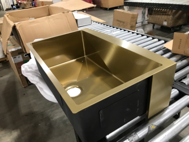 Photo 6 of 33 Farmhouse Sink Gold - Lordear 33 inch Kitchen Sink Apron Front 16 Gauge Matte Gold Stainless Steel Deep Single Bowl Kitchen Farm Sink Basin 33"x21"x10" Matte Gold - open box - 