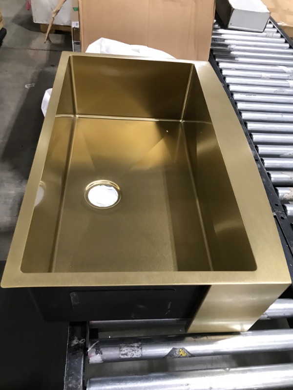 Photo 7 of 33 Farmhouse Sink Gold - Lordear 33 inch Kitchen Sink Apron Front 16 Gauge Matte Gold Stainless Steel Deep Single Bowl Kitchen Farm Sink Basin 33"x21"x10" Matte Gold - open box - 